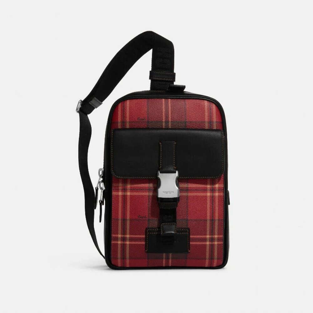 Coach Men's Sling Track Backpack with Tartan Plaid Leather Canvas Bookbag $398